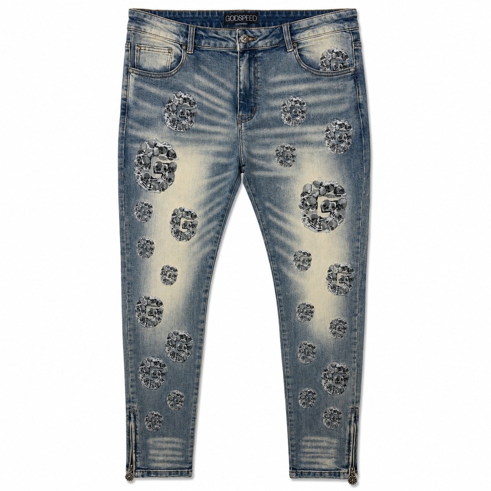 Godspeed Jeans Mens 36x34 Skull Embroidery Premium Denim Distressed Ankle Zip